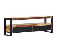 QJBSAVVA Meuble TV 120x30x40 cm en Bois de Sesham Massif et Acier Noir, Buffet Bas de Salon Industriel avec 2 Tiroirs et 1 Compartiment Ouvert pour Décodeur et Console, Banc TV Rustique
