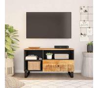 QJBSAVVA Meuble TV - 80 x 33 x 46 cm - En bois de manguier massif et pieds en fer - 3 compartiments et 1 tiroir - Meuble bas moderne avec finition naturelle - Pour salon, couloir, chambre à coucher