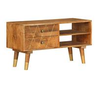 QJBSAVVA Meuble TV 85 x 35 x 47 cm en bois de manguier massif, meuble bas moderne avec 2 tiroirs et 2 compartiments ouverts, buffet rustique pour salon, chambre à coucher, couloir