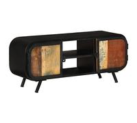 QJBSAVVA Meuble TV bas 110 x 30 x 45 cm en bois recyclé massif avec cadre en fer, style vintage industriel, 2 portes et 2 étagères, espace de rangement spacieux meuble TV pour salon et chambre à