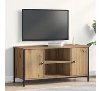 QJBSAVVA Meuble TV bas en bois avec accents en acier - Chêne artisanal - Marron - 100 x 40 x 50 cm - Support TV moderne avec 2 étagères pour salon