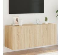 QJBSAVVA Meuble TV bas en chêne Sonoma - 100 x 35 x 41 cm - Avec éclairage LED RVB - Étagère murale en bois - Meuble TV moderne avec espace de rangement - Buffet TV pour salon