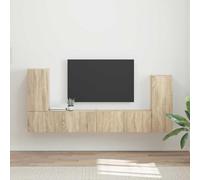 QJBSAVVA Meuble TV bas en chêne Sonoma 98 x 31 x 29,5 cm avec ports USB intégrés, meuble TV multifonction moderne composé de 4 étagères murales pour salon, bureau à domicile