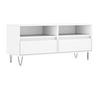 QJBSAVVA Meuble TV blanc 100 x 34,5 x 44,5 cm en bois avec pieds en fer, meuble bas moderne avec 2 tiroirs et 2 compartiments, miracle de rangement pour salon, chambre à coucher et couloir