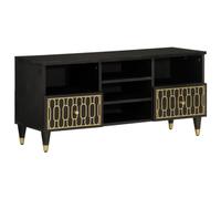 QJBSAVVA Meuble TV en bois de manguier massif avec finition noire, motif floral sculpté à la main et pieds en fer, meuble TV robuste avec beaucoup d'espace de rangement pour le salon