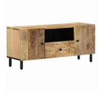 QJBSAVVA Meuble TV en bois de manguier massif avec pieds en fer, design moderne et grand espace de rangement, 105 x 33 x 46 cm, parfait pour le salon