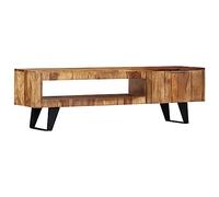 QJBSAVVA Meuble TV en bois massif d'acacia - Design moderne - Avec structure en acier - 140 x 30 x 40 cm - Naturel et noir - Espace de rangement stable pour le salon