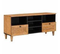 QJBSAVVA Meuble TV en bois massif de mangue, 100 x 33 x 46 cm, meuble bas avec 2 tiroirs et 2 compartiments, meuble TV rustique avec cadre sculpté, meuble TV pour le salon