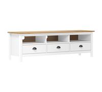 QJBSAVVA Meuble TV Hill Range en Bois de Pin Massif, Banc TV Style Rétro avec 3 Tiroirs et 3 Étagères pour Salon, Buffet Bas Robuste et Élégant, Coloris Blanc et Miel, 158 x 40 x 47 cm