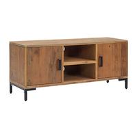 QJBSAVVA Meuble TV marron 110 x 35 x 48 cm en pin massif look industriel vintage avec 4 compartiments et porte pour salon, chambre à coucher, bureau