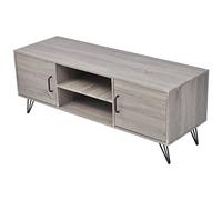 QJBSAVVA Meuble TV Moderne 120x40x45 cm en MDF Gris avec Pieds en Acier, Console Multimédia avec 2 Portes et 2 Étagères Ouvertes, Banc TV Style Industriel pour Salon et Divertissement