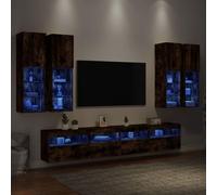 QJBSAVVA Meuble TV mural 7 pièces en chêne fumé avec éclairage LED RVB - Buffet salon - Moderne - En bois - Profondeur : 30/60/100 cm - Pour salon, bureau, couloir