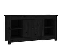 QJBSAVVA Meuble TV noir 103 x 36,5 x 52 cm en pin massif avec 2 portes et 4 compartiments ouverts, meuble bas moderne pour salon, chambre à coucher, couloir