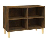 QJBSAVVA Meuble TV Scandinave avec Pieds en Bois Massif d'Eucalyptus, Buffet Bas avec 4 Compartiments pour Salon et Bureau, Support Télévision en Bois d'Ingénierie, Chêne Fumé, 69,5x30x50 cm
