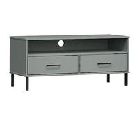 QJBSAVVA Oslo - Buffet TV - Gris - 106 x 40 x 46,5 cm - En bois de pin massif - Pieds en métal - Moderne - Avec 2 tiroirs - Pour salon, bureau, couloir