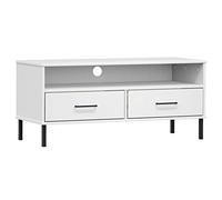 QJBSAVVA Oslo - Meuble TV - Blanc - 106 x 40 x 46,5 cm - En pin massif - Avec pieds en métal - Meuble bas moderne pour salon et chambre à coucher - Avec 2 tiroirs et espace de rangement