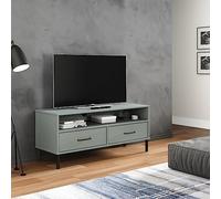QJBSAVVA Oslo Meuble TV en pin massif gris avec pieds en métal, 2 tiroirs et espace de rangement pour salon