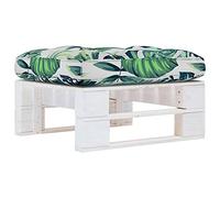 QJBSAVVA Pouf Palette de Jardin en Bois de Pin Imprégné Blanc, Repose-Pied et Table Basse Extérieure 60x60 cm avec Coussin Motif Feuilles, Siège Modulaire Terrasse