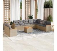 QJBSAVVA Salon de jardin 11 pièces beige 242 x 242 cm en polyrotin avec table en bois d'acacia et espace de rangement Design moderne robuste pour balcon, terrasse, jardin