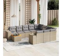 QJBSAVVA Salon de jardin 11 pièces - Beige - Canapé d'angle en polyrotin - Table centrale - Table de 110 kg - Plateau en bois d'acacia - Espace de rangement - Meubles d'extérieur - Meubles de jardin