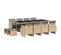 QJBSAVVA Salon de Jardin 13 Pcs Table en Verre et Chaises Rotin Beige | Mobilier gain de place avec chaises encastrables pour optimiser l'espace sur la terrasse ou dans le jardin.