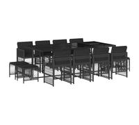 QJBSAVVA Salon de Jardin 13 Pcs Table Verre 8 Chaises 4 Tabourets Noir | Ensemble repas en résine tressée avec table en verre trempé et chaises encastrables pour optimiser l'espace du jardin.