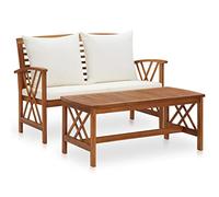 QJBSAVVA Salon de Jardin 2 Pcs en Bois d'Acacia avec Banc et Table Basse | Ensemble détente en bois naturel avec coussins confortables pour aménager votre terrasse, balcon ou espace extérieur.