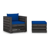 QJBSAVVA Salon de jardin 2 pièces avec coussins - Salon en palettes en bois de pin imprégné gris - Ensemble de meubles de balcon avec fauteuil et table/repose-pieds pour jardin, terrasse et salon