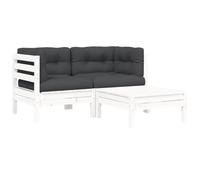 QJBSAVVA Salon de Jardin 3 Pcs en Bois de Pin Massif Blanc, Canapé d'angle Extérieur Modulaire avec Coussins Gris Anthracite et Table Basse Repose-Pied pour Terrasse et Balcon