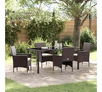 QJBSAVVA Salon de jardin 5 pièces 140 x 70 x 73 cm - Table en polyrotin marron + 4 chaises avec coussins - Pour balcon/terrasse