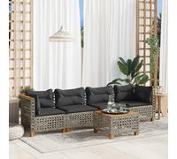QJBSAVVA Salon de jardin 5 pièces - 63,5 x 63,5 cm - En polyrotin gris - Avec table en bois d'acacia - Canapé d'angle et central confortable - Peu encombrant - Pour balcon, terrasse, jardin