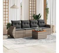 QJBSAVVA Salon de jardin 5 pièces en polyrotin gris, 55 x 62 x 69 cm, avec table en acacia, peu encombrant, design moderne pour jardin, terrasse et petits balcons