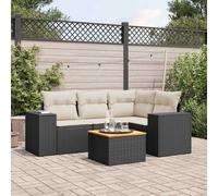 QJBSAVVA Salon de jardin 5 pièces - En polyrotin noir - 245 cm de large - Modulaire - Avec table en bois d'acacia - Espace de rangement - Résistant aux intempéries - Pour jardin, terrasse, balcon