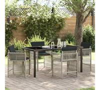 QJBSAVVA Salon de jardin 5 pièces - Gris clair - En polyrotin - 160 x 80 x 73 cm - Avec plateau en verre - Design moderne - Robuste et durable - Pour jardin, terrasse, balcon