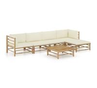 QJBSAVVA Salon de Jardin 6 Pièces en Bambou avec Coussins Blanc Crème | Mobilier modulable en bambou naturel pour terrasse et balcon, idéal pour créer un espace de détente extérieur convivial.