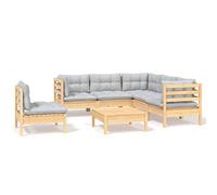 QJBSAVVA Salon de Jardin 6 Pièces en Pin Massif avec Coussins Gris | Mobilier modulable en bois pour terrasse et balcon, conçu pour créer un espace détente personnalisé en plein air.