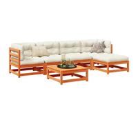 QJBSAVVA Salon de jardin, 6 pièces, marron cire, en pin ciré, 70 x 70 cm, avec coussin crème, design modulaire, robuste, pour extérieur, balcon, terrasse et jardin