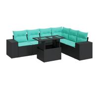 QJBSAVVA Salon de Jardin 7 Pcs en Résine Tressée avec Table et Coussins | Salon modulable pour terrasse et jardin avec grands coffres de rangement sous les assises et coussins bleus.
