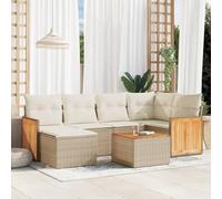 QJBSAVVA Salon de jardin 7 pièces - Beige - 62 x 62 x 69 cm - Canapé d'angle - Canapé central - Tabouret - Table avec plateau en bois d'acacia - Coussins amovibles - Pour balcon, terrasse, jardin