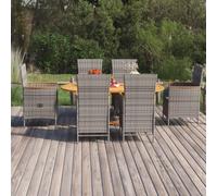 QJBSAVVA Salon de jardin 7 pièces en bois d'acacia et rotin PE gris 150-200 x 100 x 74 cm table à manger pliable avec fonction allongée, salon confortable pour terrasse, balcon et petits jardins