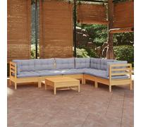 QJBSAVVA Salon de jardin 7 pièces en pin massif - 63,5 x 63,5 x 62,5 cm - Gris - Résistant aux intempéries - Modulable - Meubles de jardin d'extérieur - Balcon - Terrasse - Petites surfaces pour