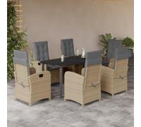 QJBSAVVA Salon de jardin 7 pièces en polyrotin avec fauteuils réglables et table, 160 x 80 cm, robuste, pour balcon, jardin, salon et petits coins d'extérieur Beige