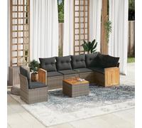 QJBSAVVA Salon de jardin 7 pièces en polyrotin gris avec espace de rangement et table en bois d'acacia de 62 cm de large, modulaire, petit balcon ou terrasse