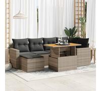 QJBSAVVA Salon de jardin 7 pièces en rotin synthétique gris 100 x 55 cm, plateau en bois de teck, table basse réglable en hauteur avec tabouret, meubles de balcon