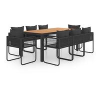 QJBSAVVA Salon de Jardin 9 Pcs Table Alu WPC et 8 Chaises Résine Tressée | Ensemble repas extérieur pour terrasse avec grand plateau marron et coussins de dossier épais gris.