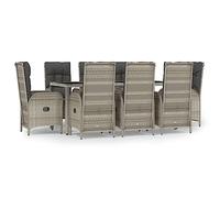 QJBSAVVA Salon de Jardin 9 Pcs Table Verre et 8 Chaises Inclinables Gris | Mobilier de repas pour terrasse ou grand jardin avec table en verre trempé et huit fauteuils inclinables.