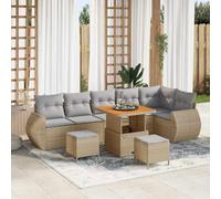 QJBSAVVA Salon de jardin 9 pièces beige en polyrotin avec bois d'acacia et cadre en acier - Design moderne - Espace pour 8 personnes - Robuste et durable - Pour balcon, terrasse et jardin