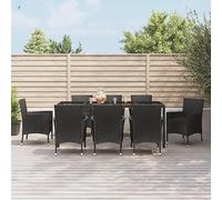 QJBSAVVA Salon de jardin 9 pièces en polyrotin noir 190 x 90 x 75 cm avec cadre en acier et coussin d'assise - Matériau robuste pour une utilisation en extérieur - Design moderne pour balcon, terrasse