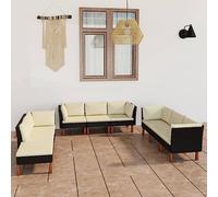 QJBSAVVA Salon de jardin 9 pièces en polyrotin noir 60,5 x 64,5 x 67 cm avec coussins blanc crème, bois d'eucalyptus, modulaire, balcon, terrasse, camping