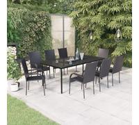 QJBSAVVA Salon de jardin 9 pièces noir 200 x 100 cm + 8 chaises en rotin PE et acier revêtu par pulvérisation Design moderne robuste et durable pour balcon, terrasse, jardin et camping